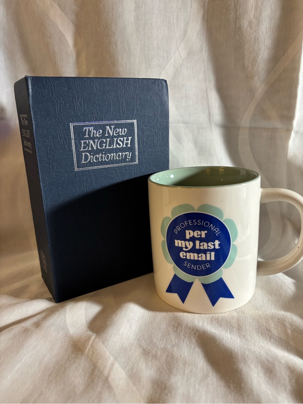 Park Lane White Mug with Blue Ribbon Graphic and Green Interior